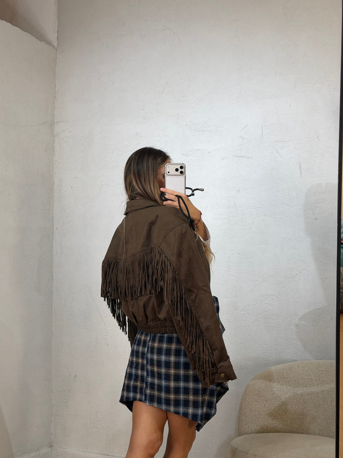 Bomber camoscio frangia
