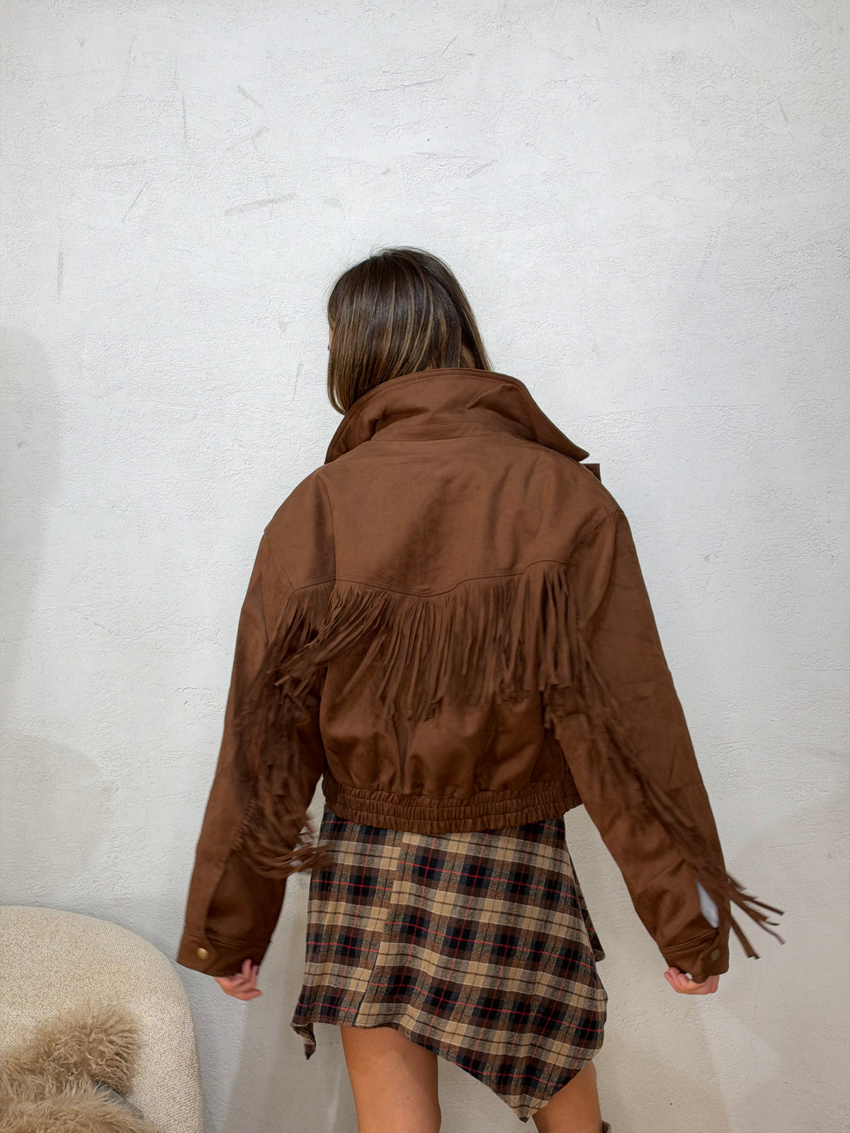Bomber camoscio frangia